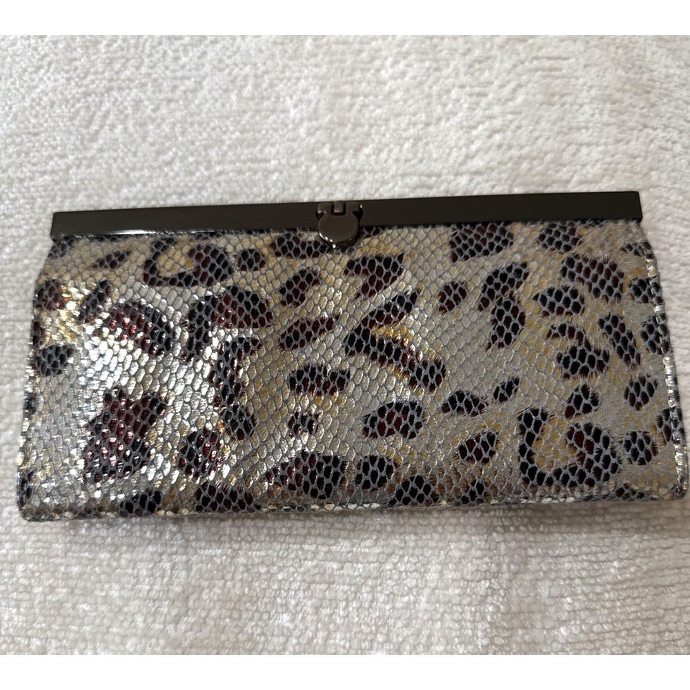Caché Metallic Animal Print Frame Wallet Clutch Silver Gold Brown Y2K Glam - Picture 2 of 10